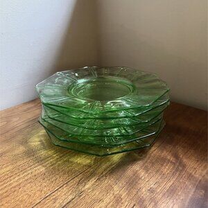 Vintage Green Depression Glass Nonagonal 9-Sided Paneled Plates Set Of 6 Uranium